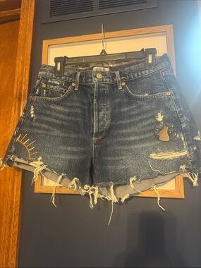 Agolde Dark Blue Distressed Denim Shorts with Sun & Moon Embroidery Parker